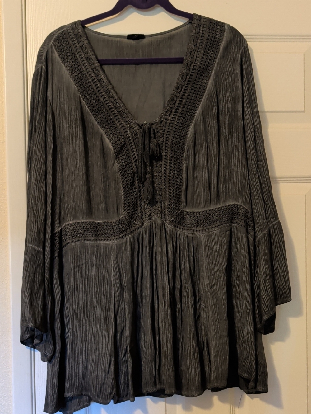 torrid Gray Crochet-Trim Crinkle Peasant Tunic